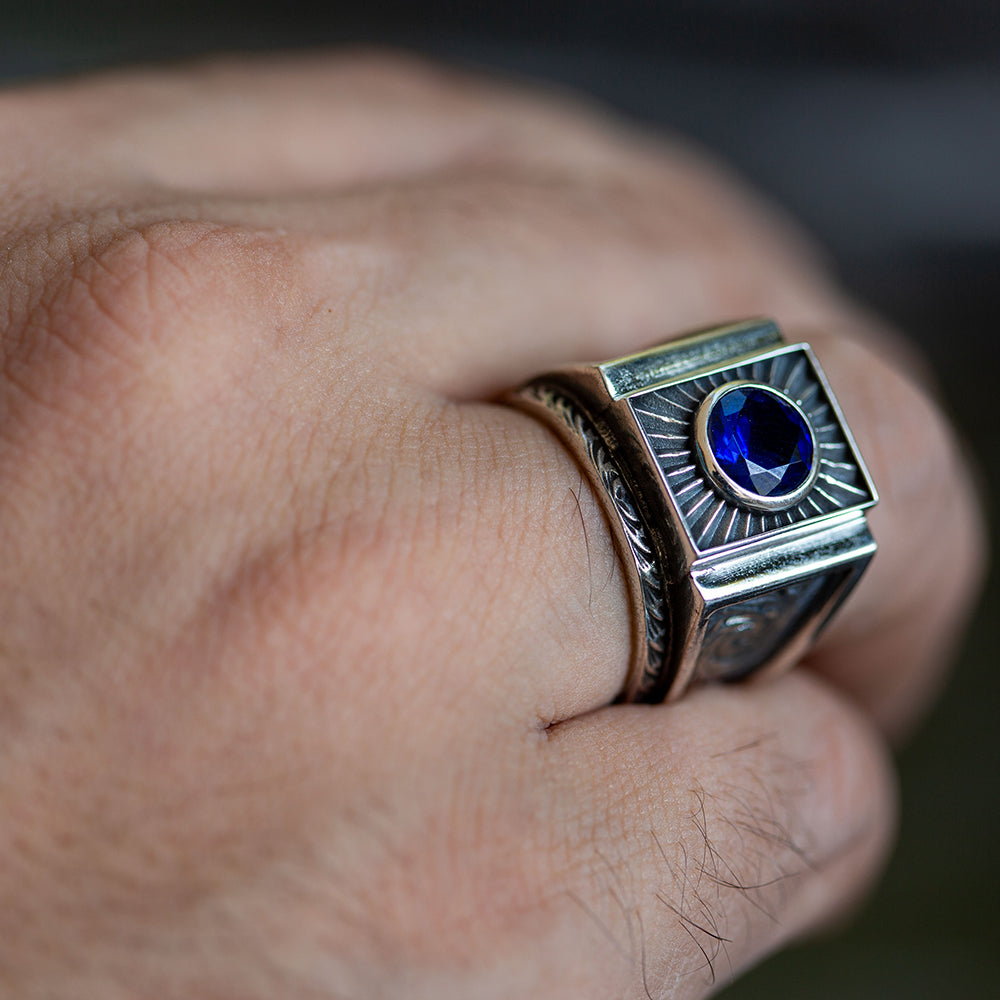 Men Silver Blue Sapphire Gemstone Engraved Signet Ring