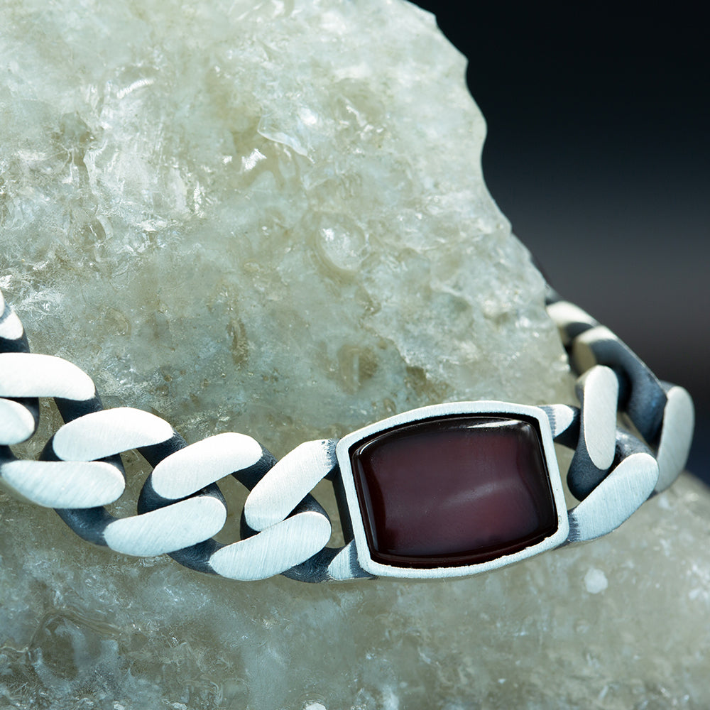 925 Sterling Silver Cuban Link Agate Gemstone Chain Bracelet