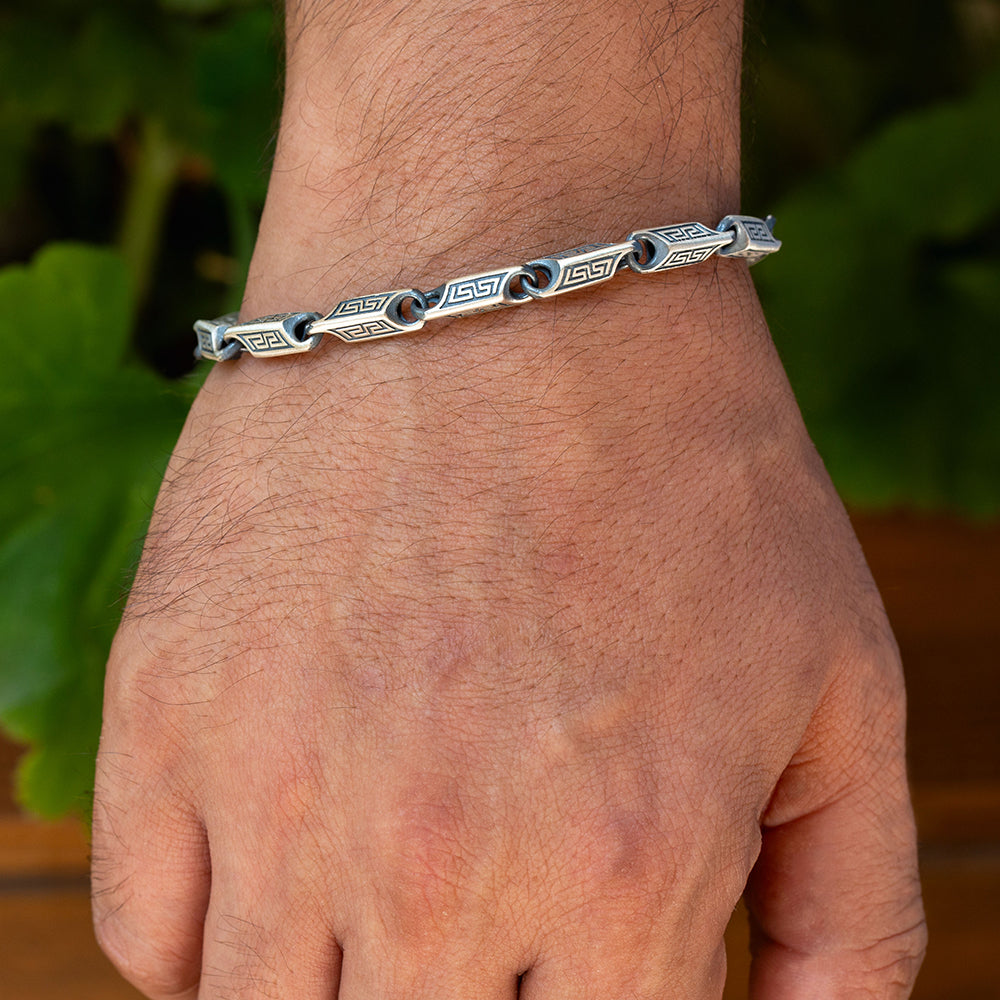 925 Men Silver Greek Decor Style Chain Bracelet