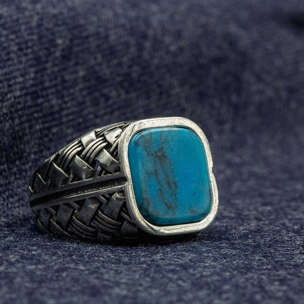 Men Handmade Square Turquoise Signet Silver Ring