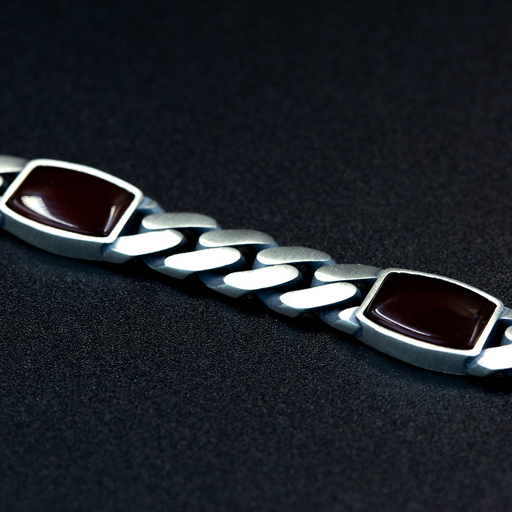 925 Sterling Silver Cuban Link Agate Gemstone Chain Bracelet