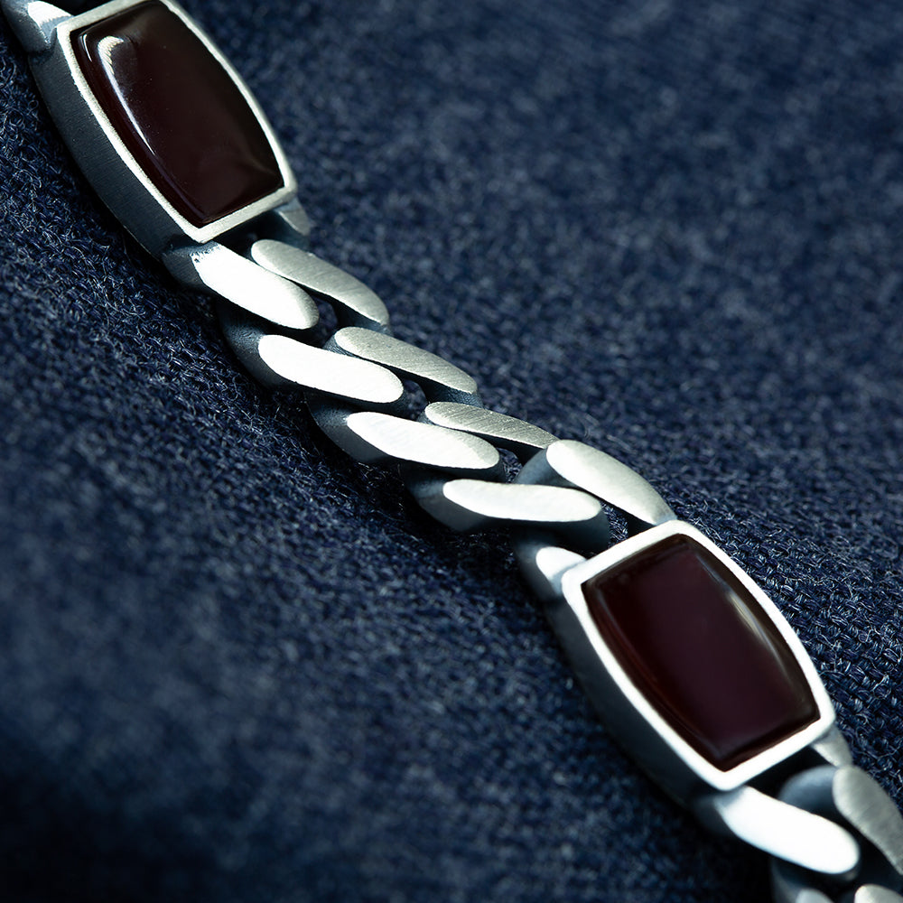 925 Sterling Silver Cuban Link Agate Gemstone Chain Bracelet