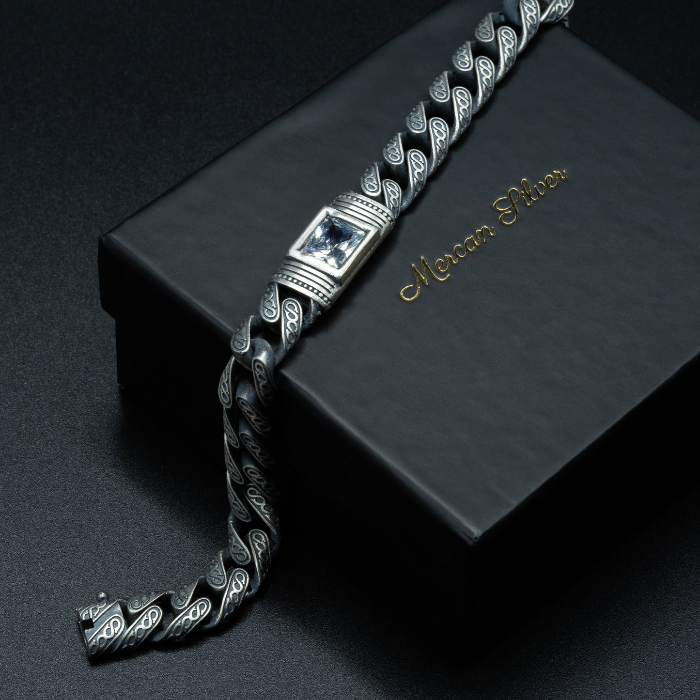 Men Handmade Engraved Square Moissanite Stone Cuban Chain Bracelet