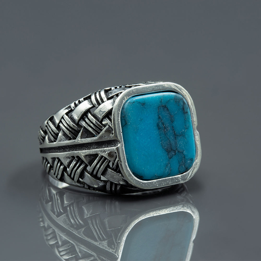 Men Handmade Square Turquoise Signet Silver Ring