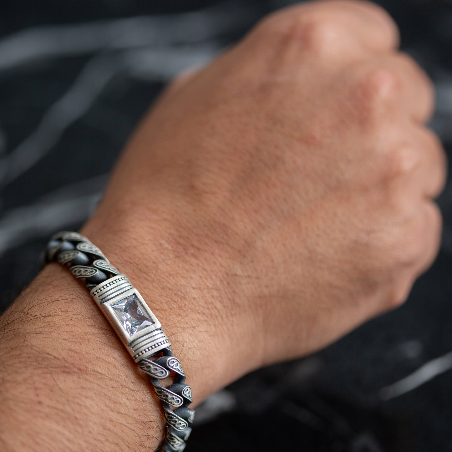 Men Handmade Engraved Square Moissanite Stone Cuban Chain Bracelet