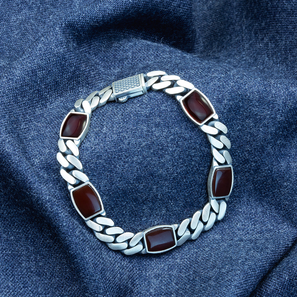 925 Sterling Silver Cuban Link Agate Gemstone Chain Bracelet