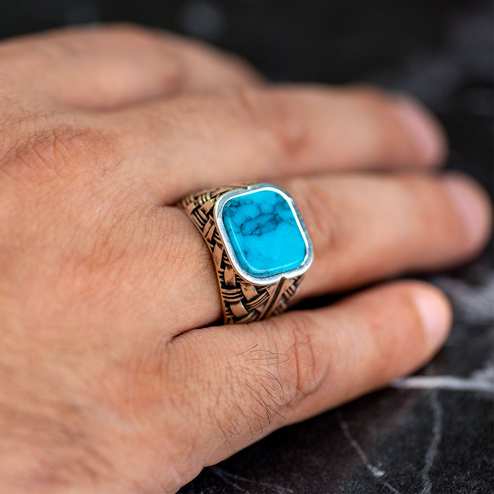 Men Handmade Square Turquoise Signet Silver Ring
