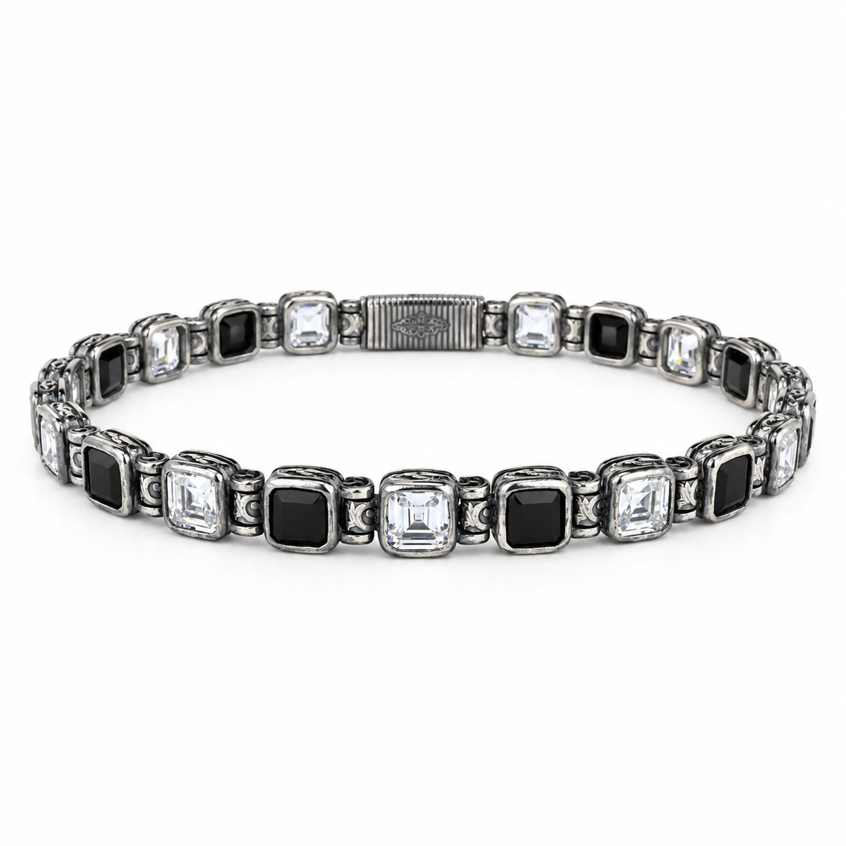 Silver Black Diamond Chain Bracelet, Black Moissanite Vintage Bracelet, Mens Black Diamond Bracelet, Shiny Diamond Bracelet