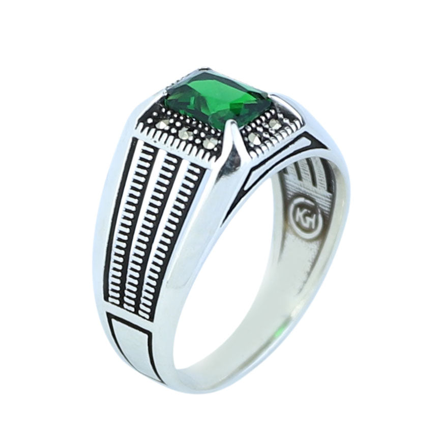 Men Silver Emerald Stone Ring, Minimal Engraved Emerald Turkish Handmade Ring, Ottoman Style Ring