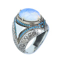 Men Natural Moonstone Ring, Engraved Man Raw Moonstone Ring, Rainbow Moonstone Ring, 925k Sterling Silver