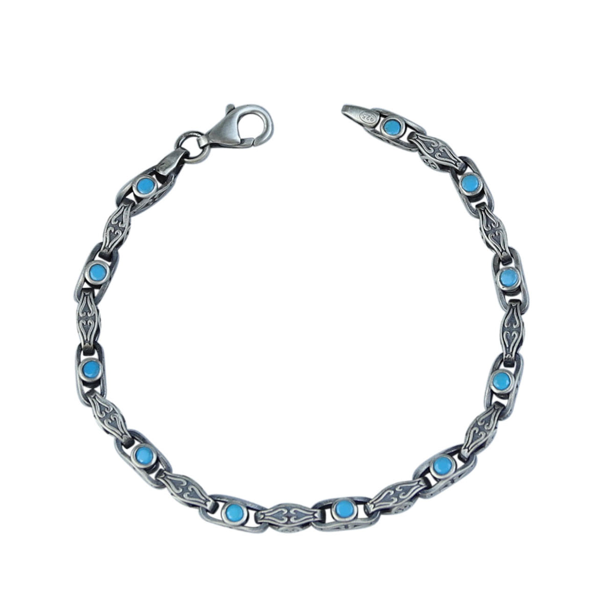 925 Silver Handmade Turquoise Link Engraved Bracelet