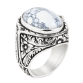 Men Silver White Turquoise Ring, Natural White Turquoise Engraved Ring, Oval Turquoise Sterling Silver Men Ring, 925k Sterling Silver Ring