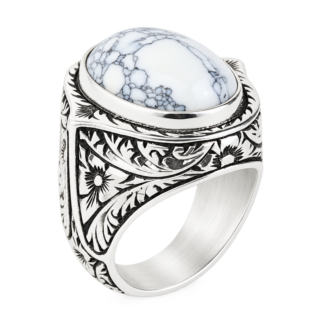 Men Silver White Turquoise Ring, Natural White Turquoise Engraved Ring, Oval Turquoise Sterling Silver Men Ring, 925k Sterling Silver Ring