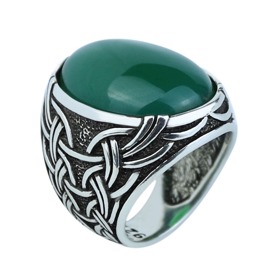 Men Silver Jade Stone Ring, Large Natural Jade Style Engraved Ring, Men Silver Ring, Turkish Handmade Sterling Silver Ring, Gift For Him