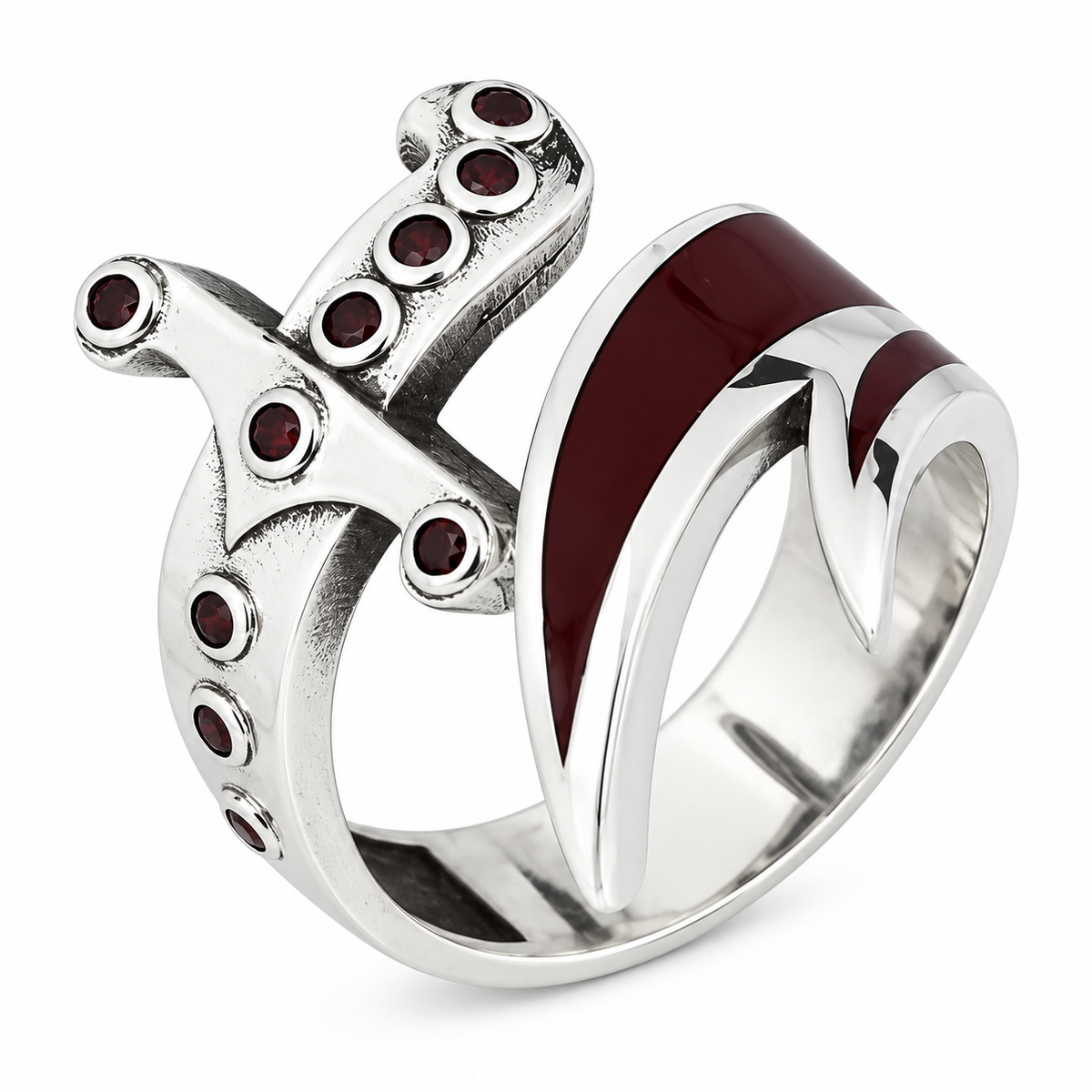 925 Sterling Silver Double Zulfiqar Sword Ring with Ruby Stone