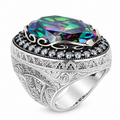 Men Silver Large Mystic Topaz Ring, Rainbow Gemstone Ring, Solid Silver Handmade Large Ring, Colorized Gemstone Ring