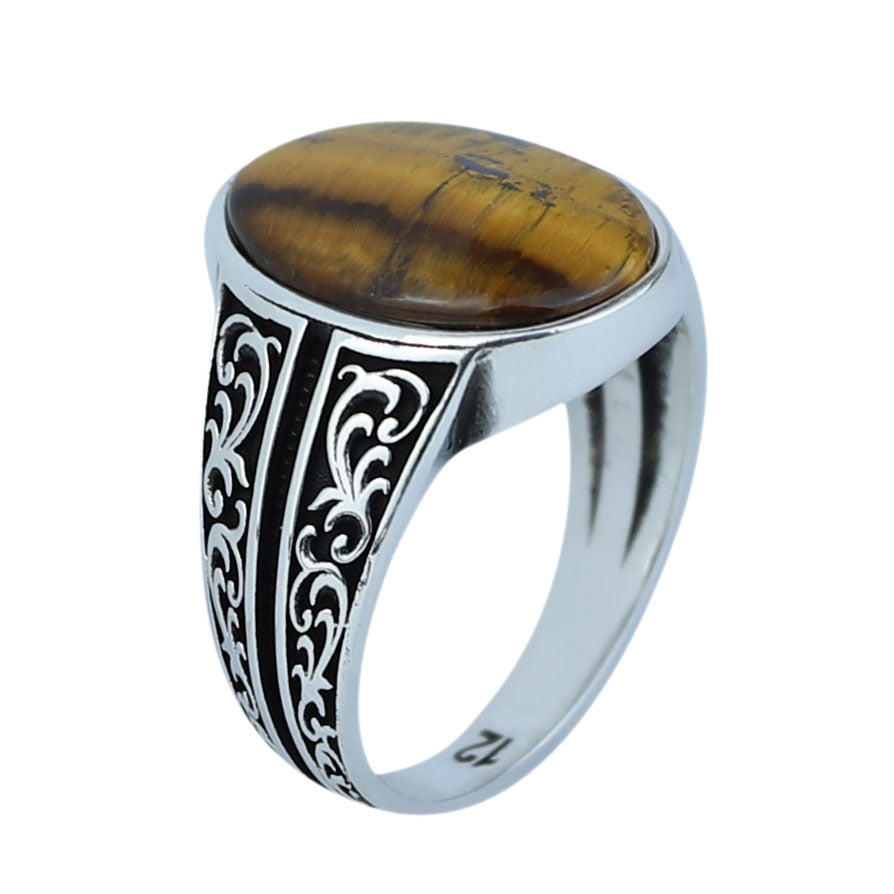 Silver Tiger Eye Gemstone Ring, Man Minimal Tiger Eye Ring, Ottoman Style Silver Ring, Men Tiger Eye Jewelry