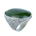 Silver Natural Jade Stone Ring, Large Hand Engraved Stone Ring, Green Jade Ring