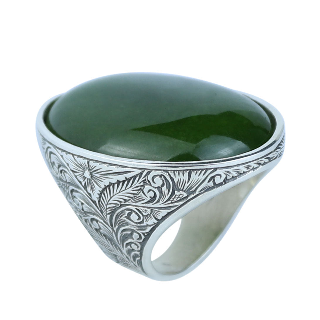 Silver Natural Jade Stone Ring, Large Hand Engraved Stone Ring, Green Jade Ring