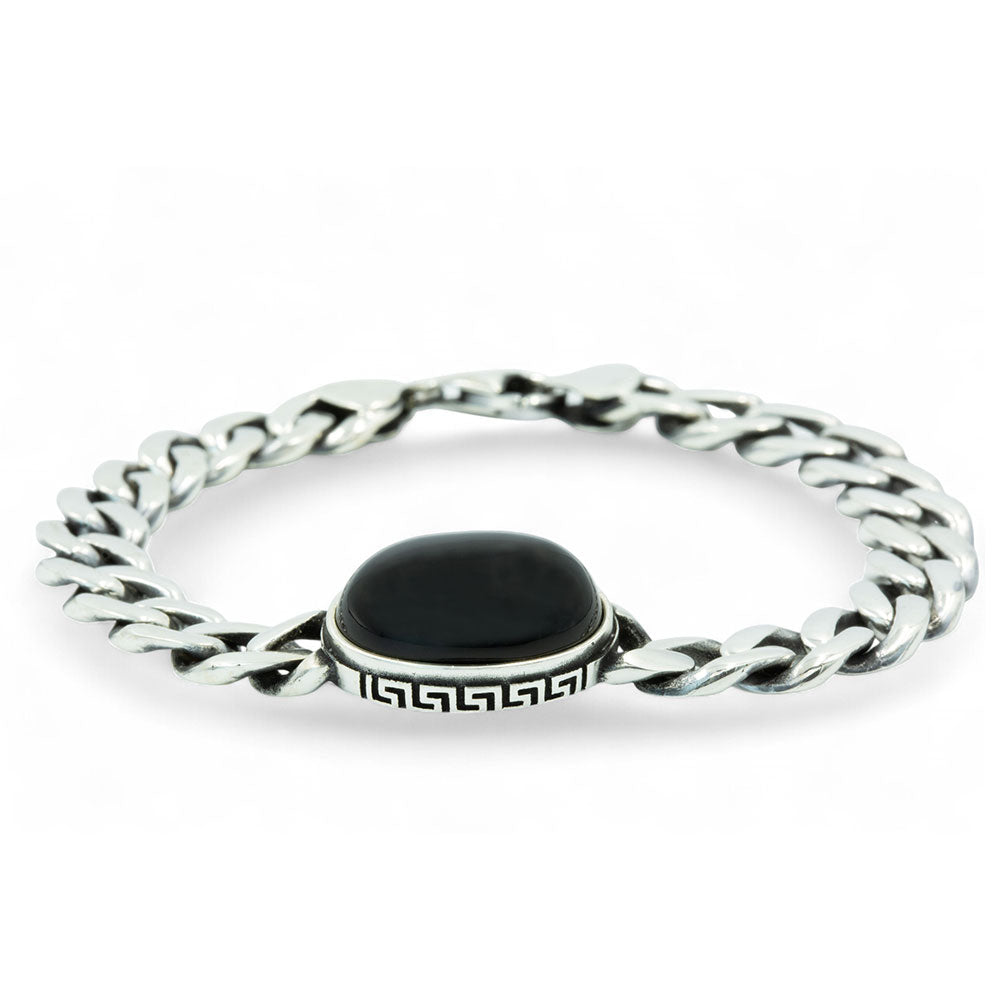 Men Silver Black Onyx Stone Curb Chain Bracelet