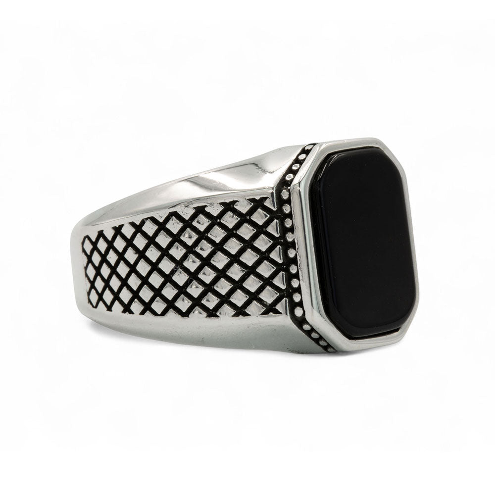 Men Silver Classic Square Natural Onyx Gemstone Ring