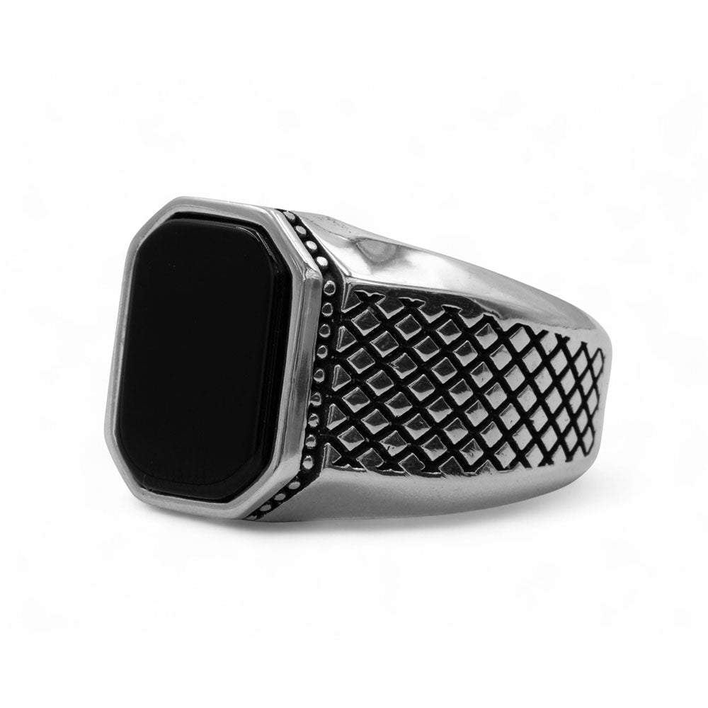 Men Silver Classic Square Natural Onyx Gemstone Ring