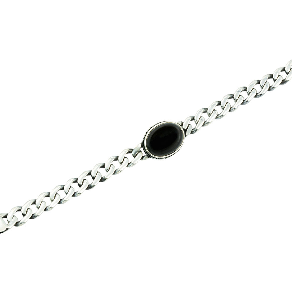 Men Silver Black Onyx Stone Curb Chain Bracelet