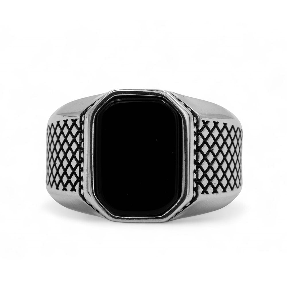 Men Silver Classic Square Natural Onyx Gemstone Ring