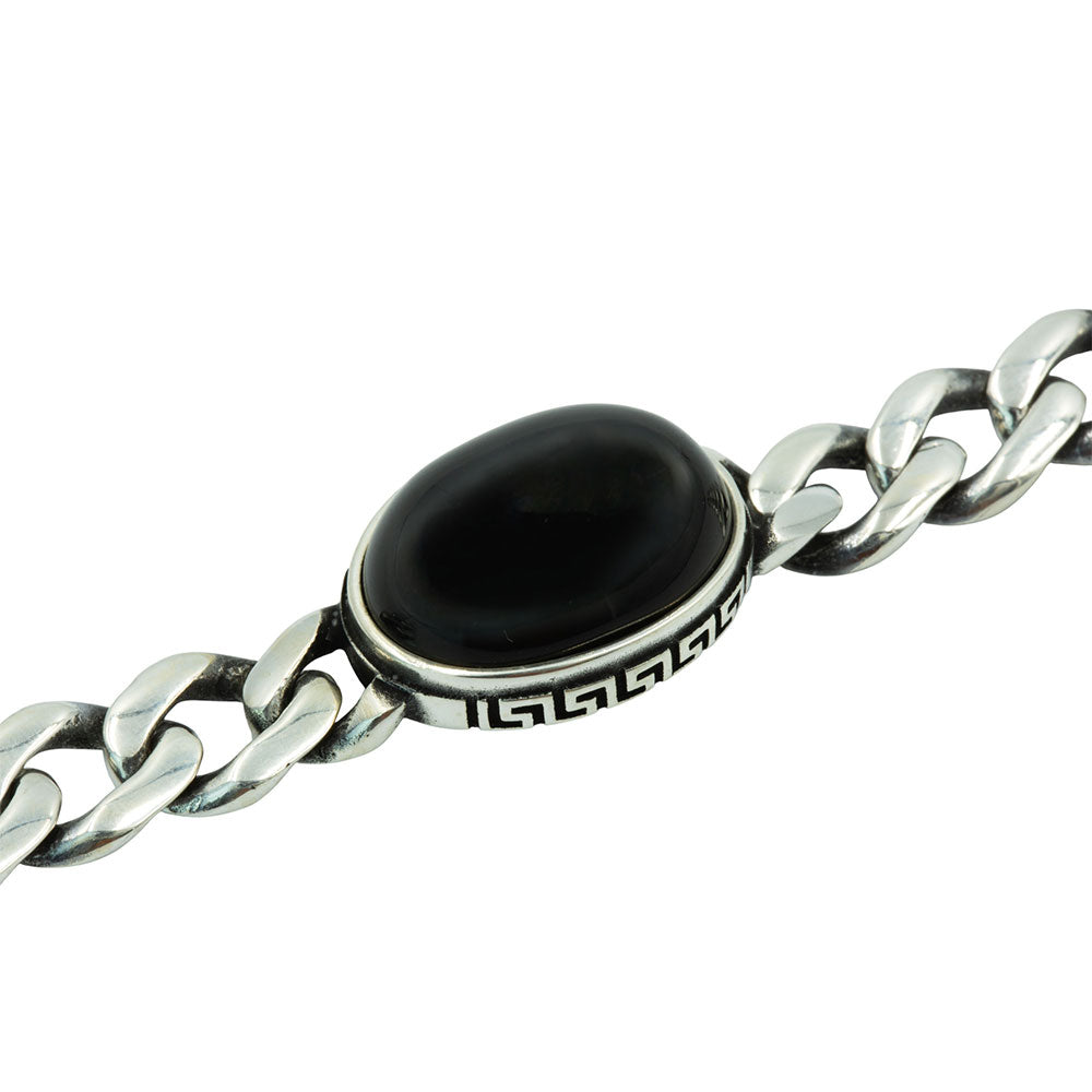 Men Silver Black Onyx Stone Curb Chain Bracelet