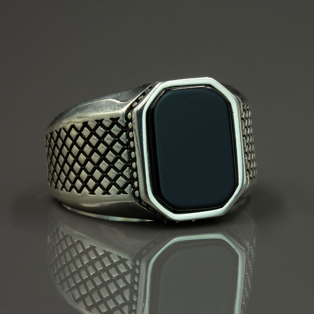 Men Silver Classic Square Natural Onyx Gemstone Ring