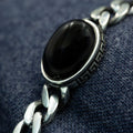 Men Silver Black Onyx Stone Curb Chain Bracelet