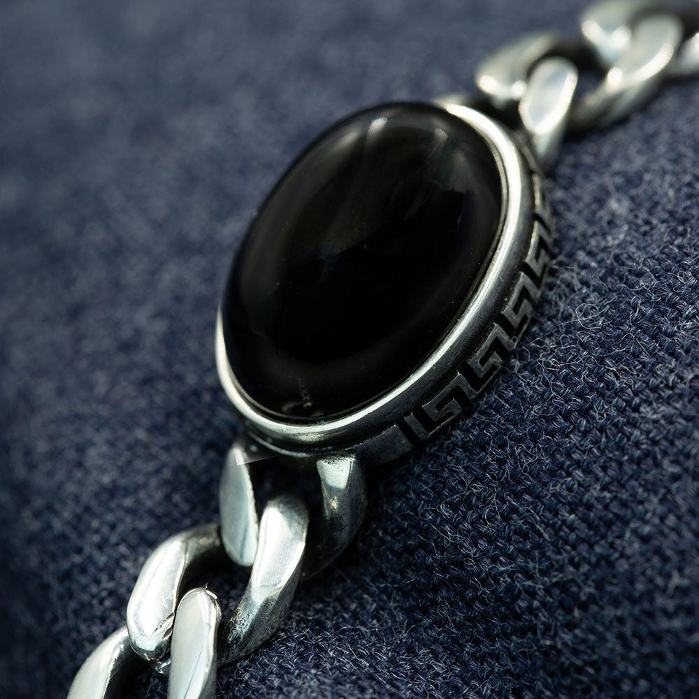 Men Silver Black Onyx Stone Curb Chain Bracelet