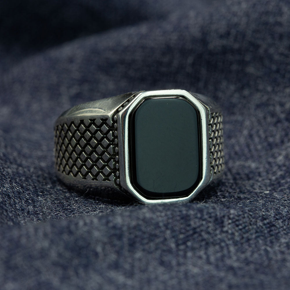 Men Silver Classic Square Natural Onyx Gemstone Ring