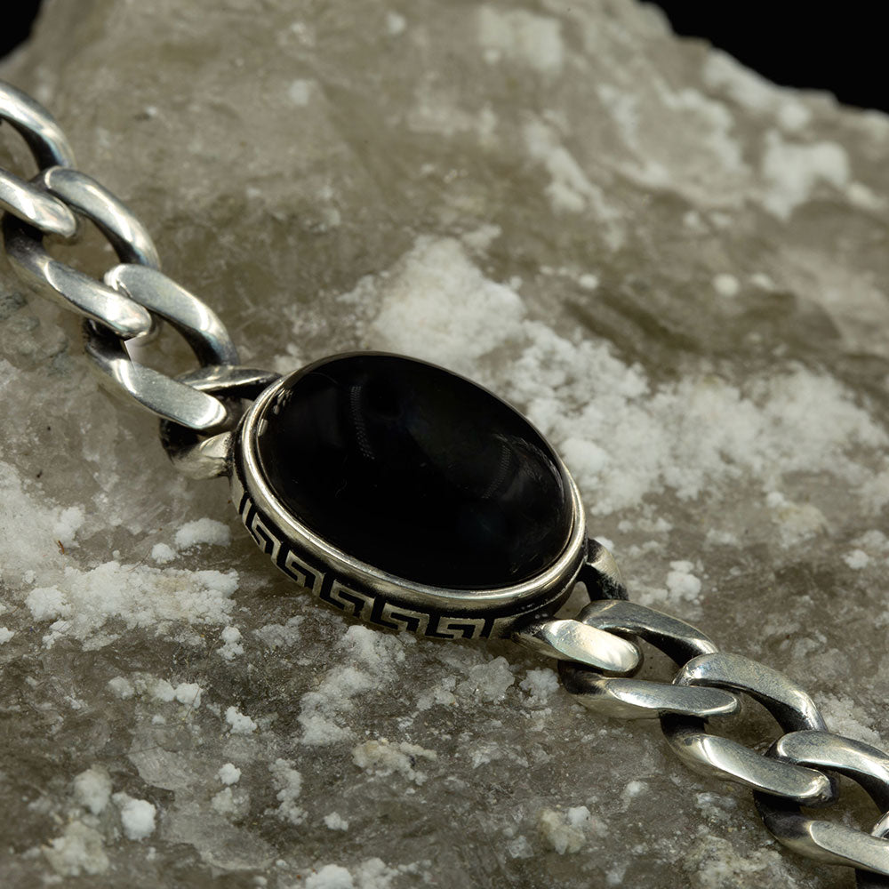 Men Silver Black Onyx Stone Curb Chain Bracelet