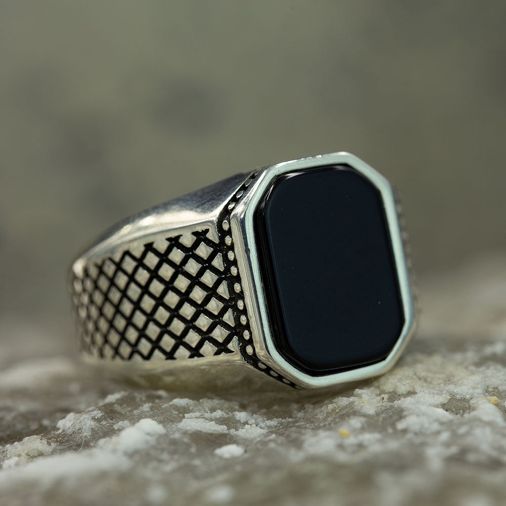 Men Silver Classic Square Natural Onyx Gemstone Ring
