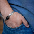 Men Silver Black Onyx Stone Curb Chain Bracelet