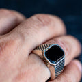 Men Silver Classic Square Natural Onyx Gemstone Ring