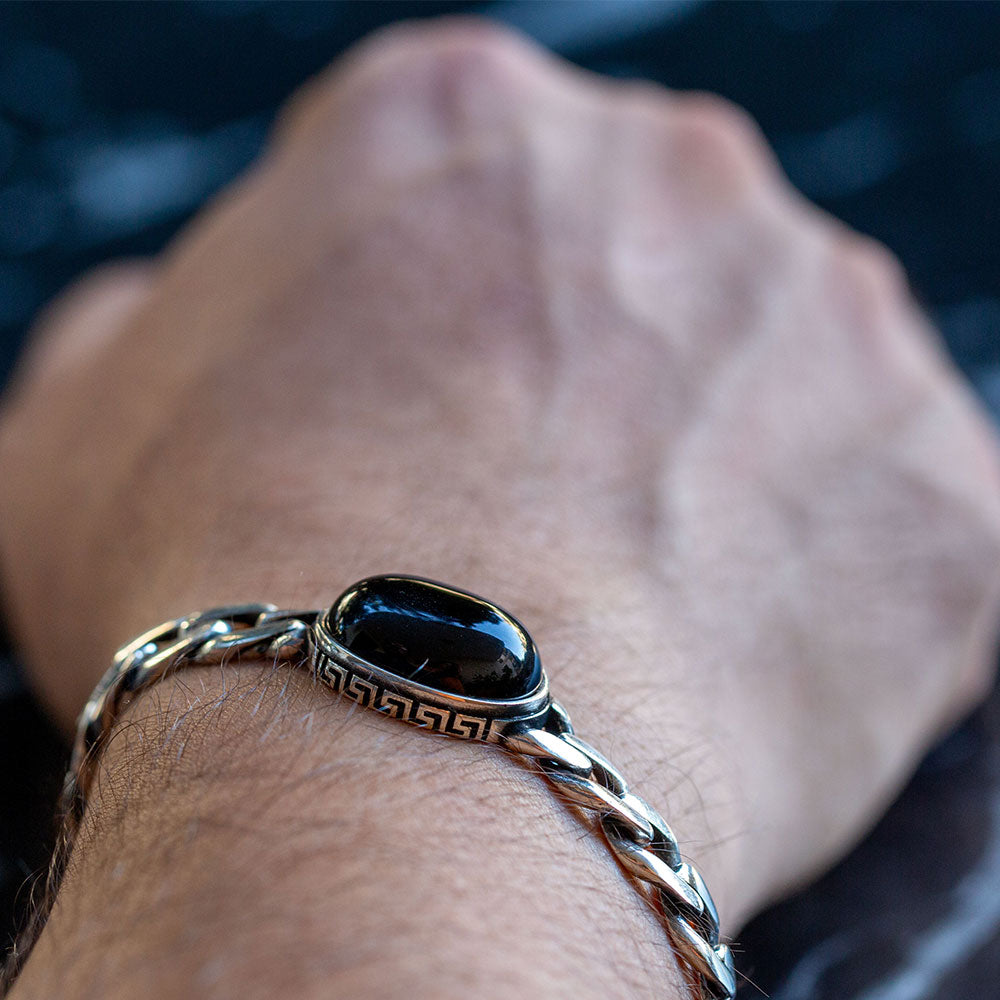 Men Silver Black Onyx Stone Curb Chain Bracelet