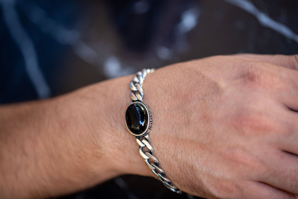 Men Silver Black Onyx Stone Curb Chain Bracelet