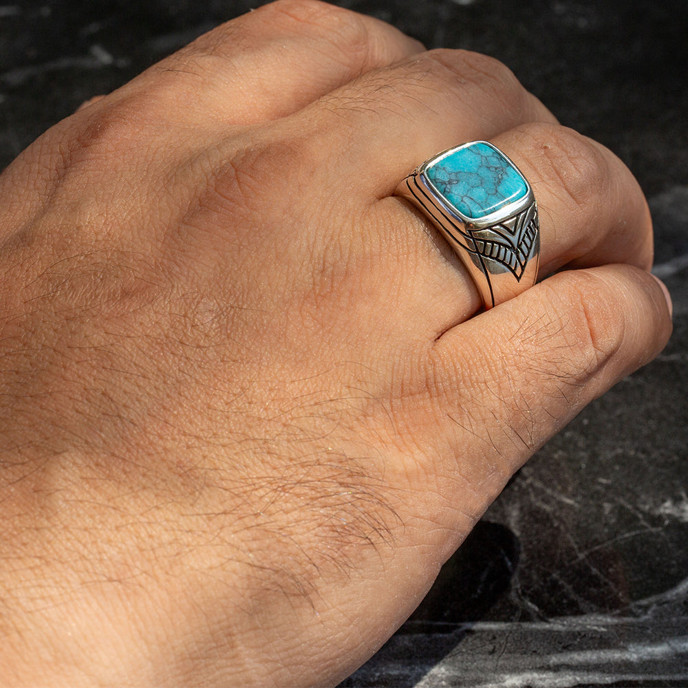 925 Sterling Silver Men Minimal Turquoise Signet Ring