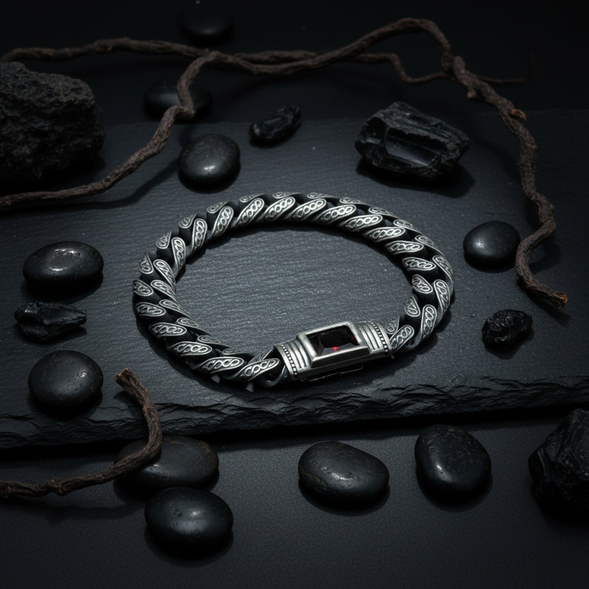 Men Handmade Engraved Red Ruby Gemstone Curb Chain Bracelet