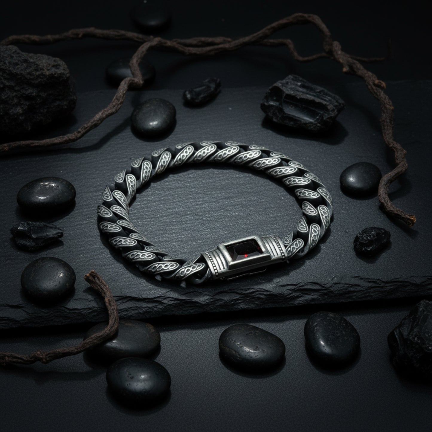 Men Handmade Engraved Red Ruby Gemstone Curb Chain Bracelet