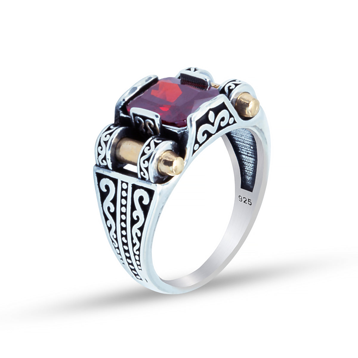 Herrenring aus Silber mit minimalistischem Design und rotem Granat-Edelstein