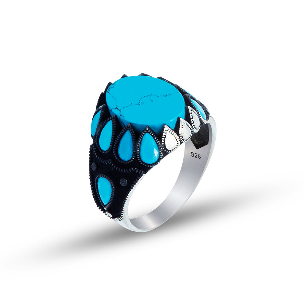 Men Handmade Tulip Figured Turquoise Ottoman Style Ring
