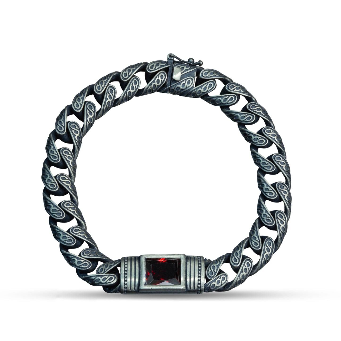 Men Handmade Engraved Red Ruby Gemstone Curb Chain Bracelet