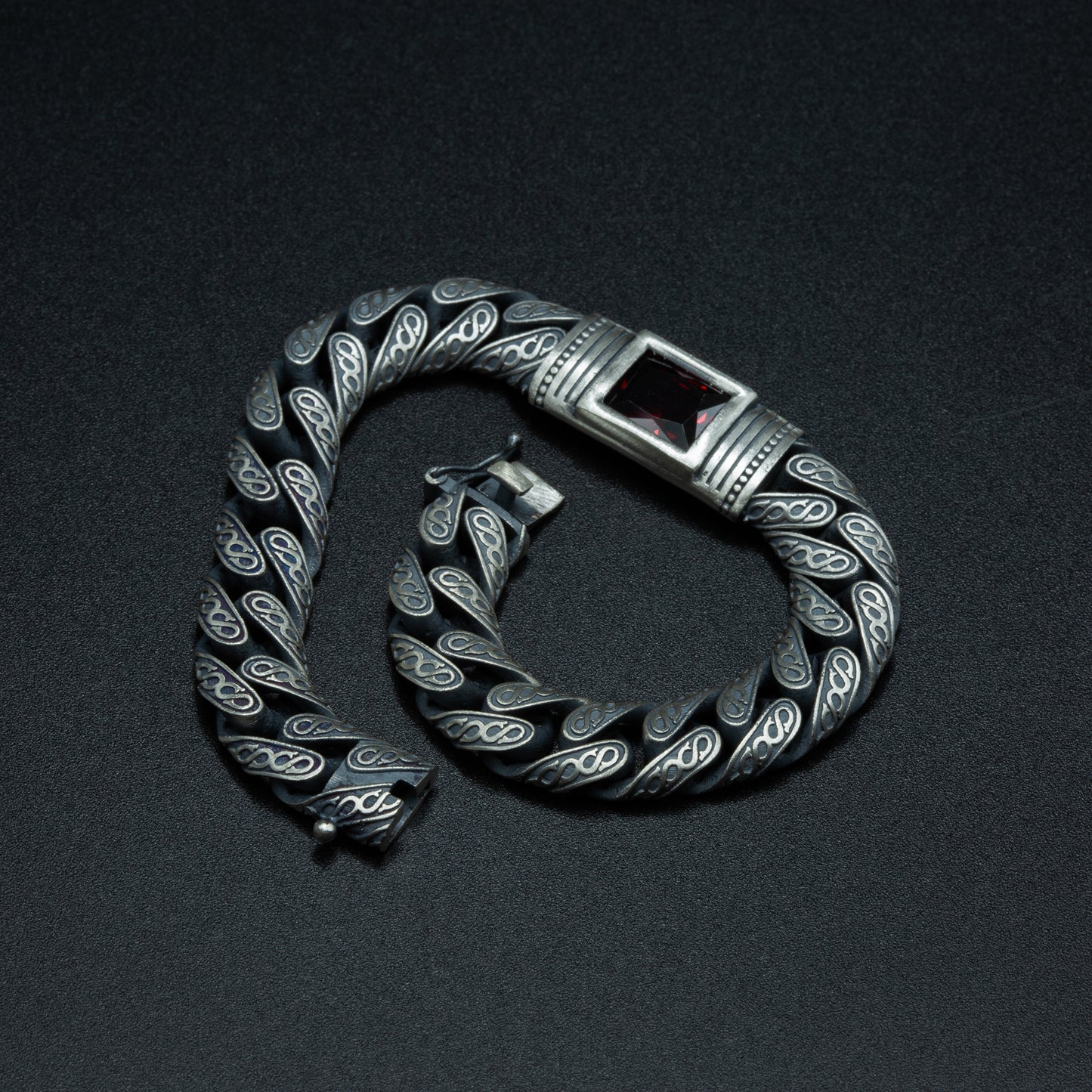 Men Handmade Engraved Red Ruby Gemstone Curb Chain Bracelet