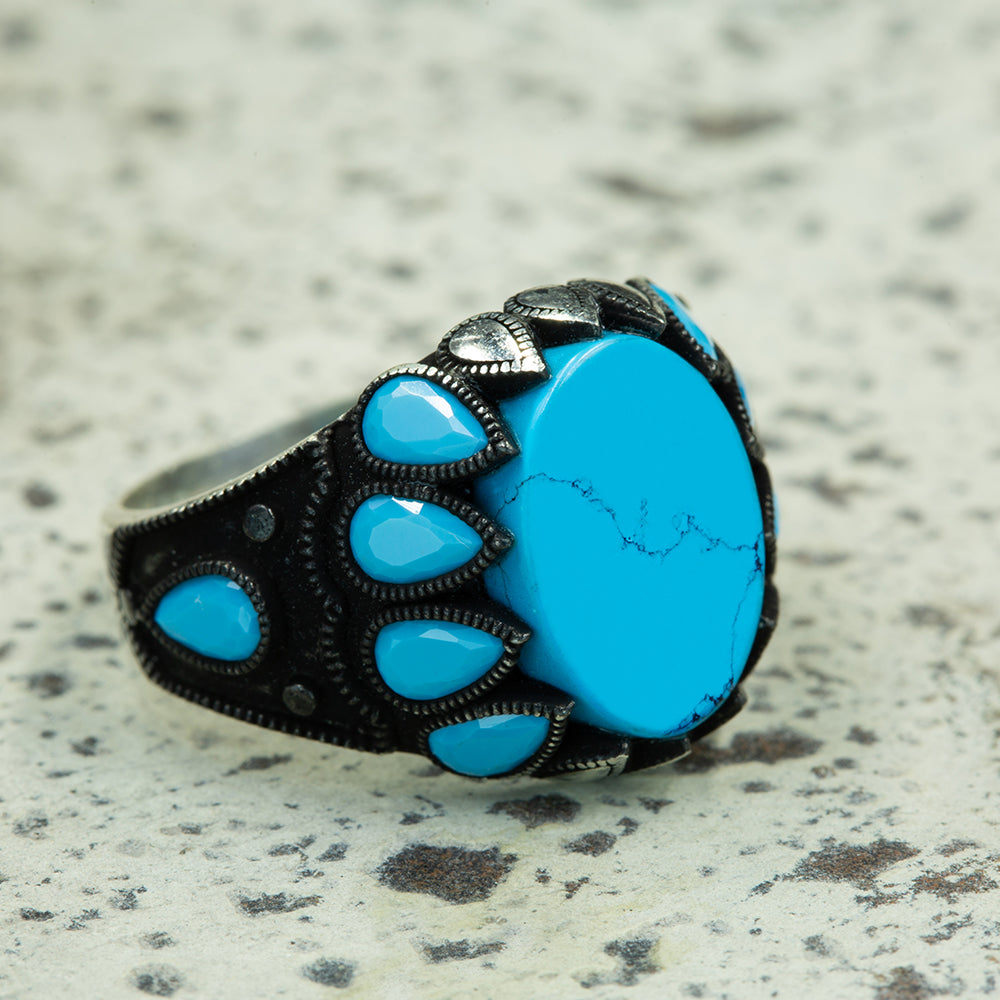 Men Handmade Tulip Figured Turquoise Ottoman Style Ring