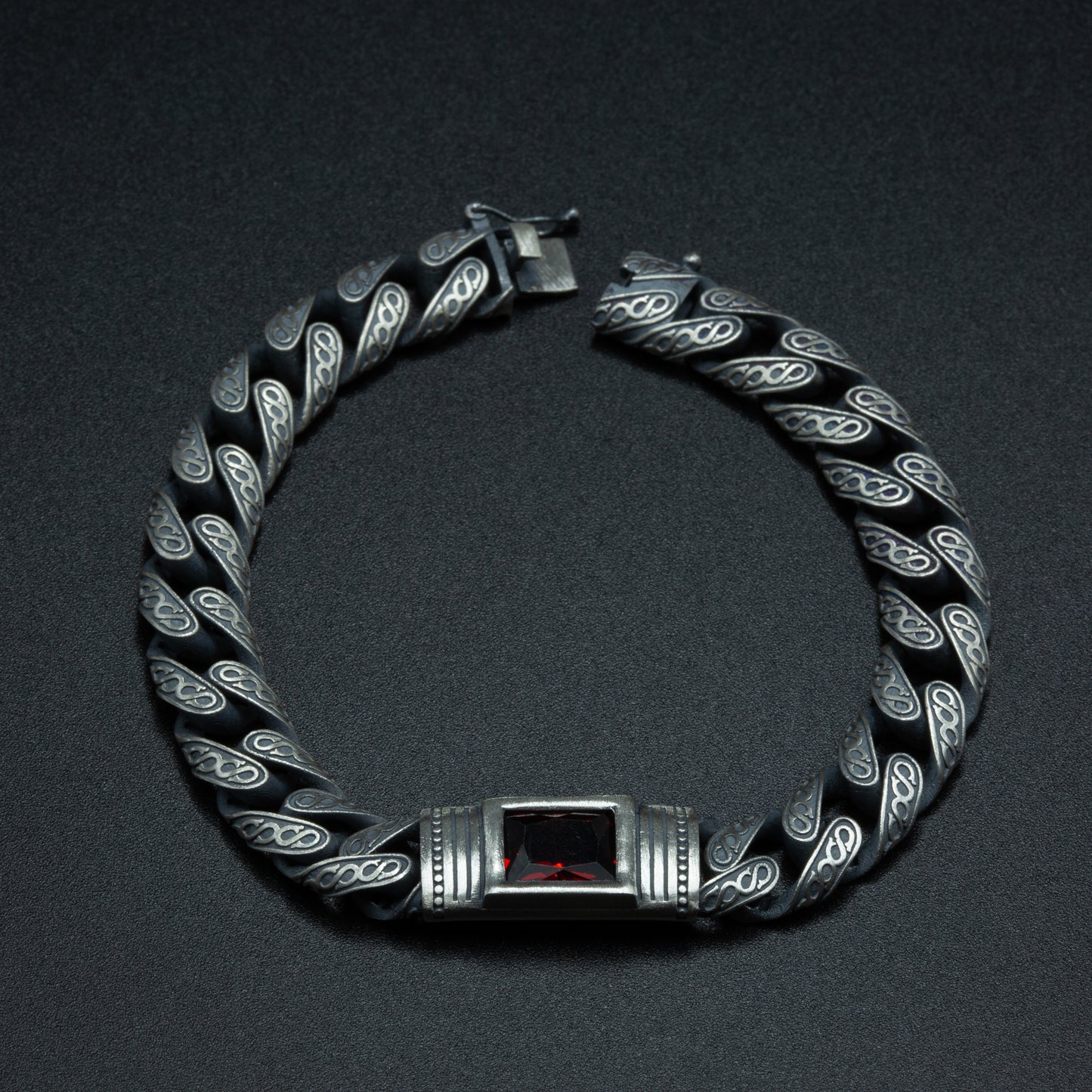 Men Handmade Engraved Red Ruby Gemstone Curb Chain Bracelet