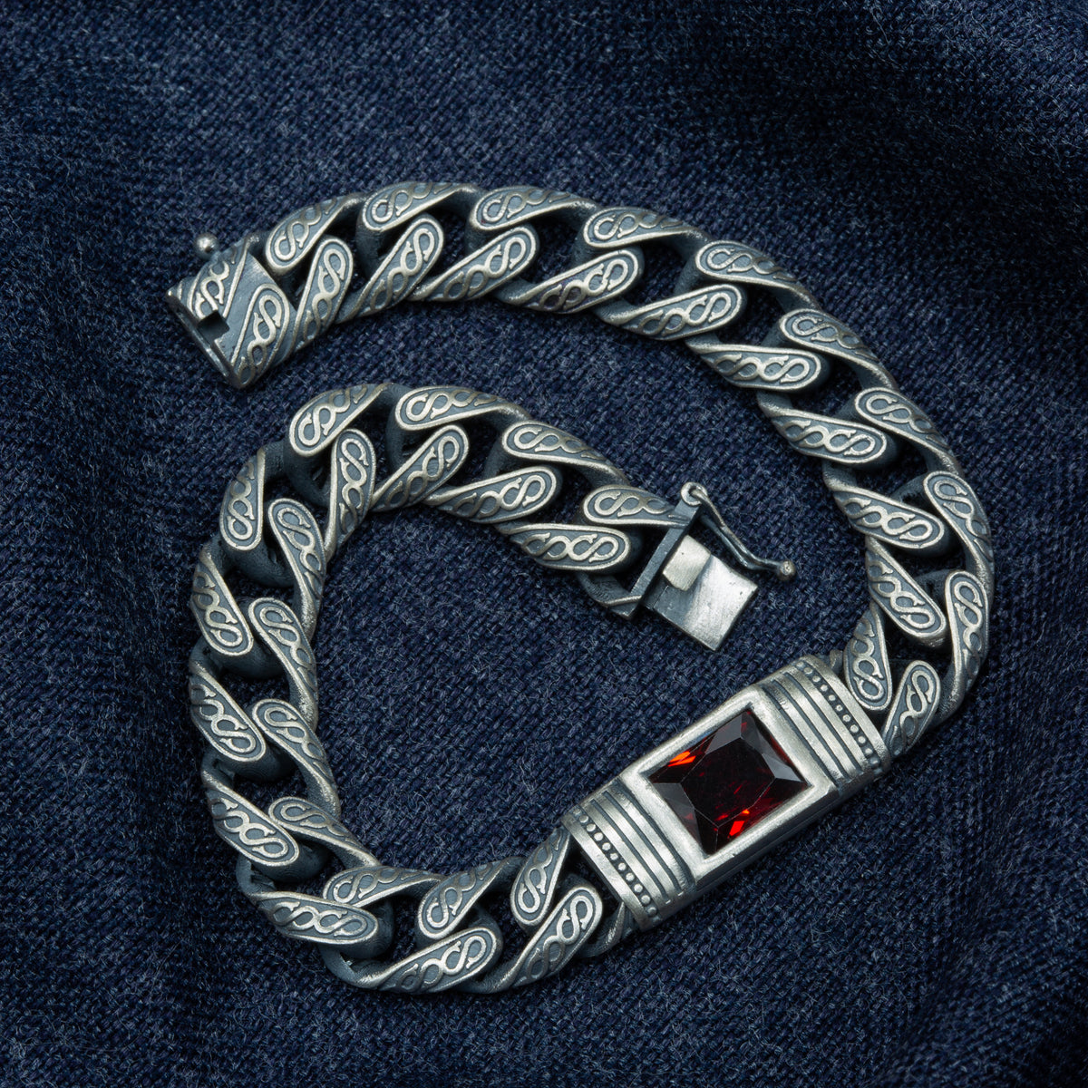 Men Handmade Engraved Red Ruby Gemstone Curb Chain Bracelet