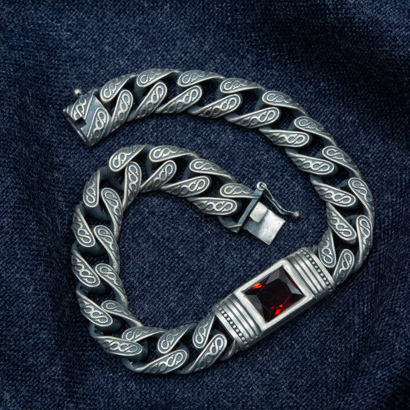 Men Handmade Engraved Red Ruby Gemstone Curb Chain Bracelet